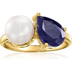 Ross-Simons 7.5-8mm Cultured Pearl and 2.80 Carat Sapphire Toi Et Moi Ring in 18kt Gold Over Sterling in Saudi Arabia