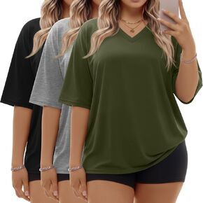 3 Pack Women Plus Size T Shirt Oversized Cotton Half Sleeve V Neck Tee Loose Fit Casual Basic Summer Workout Top in Kuwait
