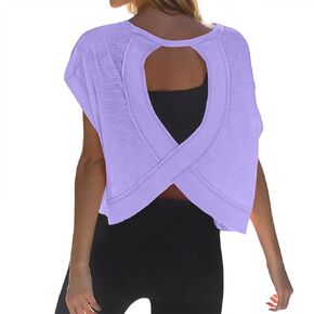 Open Back Workout Top for Women Loose Fit Backless Short Sleeve Crop Shirt Gym Yoga Athletic T Shirts in Saudi Arabia