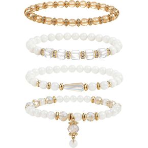4PCS Boho Stackable Bracelet Set for Women, Multilayer Crystal Glass Beaded Stretch Bracelets with Gold Spacer Charm Pendant, Bohemian Beach Vacation Jewelry in Kuwait
