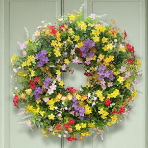 20 Inch Spring Summer Boxwood Wreath for Front Door Outside, Faux Floral Wreath with Mixed Colorful Flowers, Weatherproof Outdoor Wreaths for Farmhouse Home Year Round Wall Wedding Decor (Red) in Saudi Arabia