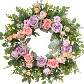 TEMPUS 22" Spring Wreath for Front Door - Purple Pink Peony & Silk Rose Wreath with Lamb's Ear Leaves, Farmhouse Floral Door Decor for Spring Summer in Kuwait