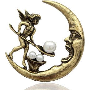 Vintage Golden Q&Q Fashion Antique Tribal Angel Fairy Feeding Moon Cresent Simulated - Pearl Baroque Lapel Brooch Pin in Saudi Arabia
