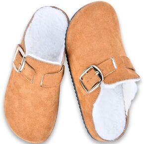 Women's Fuzzy Suede Clogs, Cozy Fur Lined Mules, Slip-On Winter Potato Shoes with Adjustable Buckle Brown in Saudi Arabia