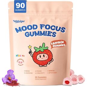 Kids Saffron Gummies: Mood Focus Support with Magnesium Glycinate, L-Theanine for Calm & Sleep, PS, Lion's Mane, Choline Brain Support for School Concentration & Attention, Sugar Free, 90 Ct in Saudi Arabia
