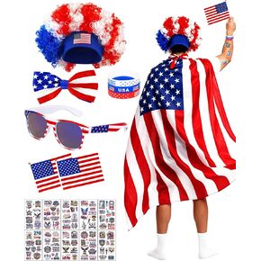 USA 250th Anniversary 4th of July Costume Set - 21Pcs Patriotic Accessories - American Flag Cape, Red White & Blue Wig, Glasses, Bow Tie & Temporary Tattoos for Men Women USA Sports Cheering in Saudi Arabia