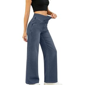 Wide Leg Jeans for Women Elastic Waist Pull On Stretchy Straight Leg Denim Pants Tummy Control Sweatpant Jean in Saudi Arabia