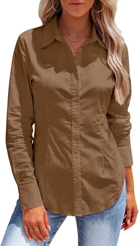 Button Down Shirts for Women Long Sleeve Dress Shirts Collared Work Wrinkle Free Office Solid Blouses Fitted Tops in Saudi Arabia