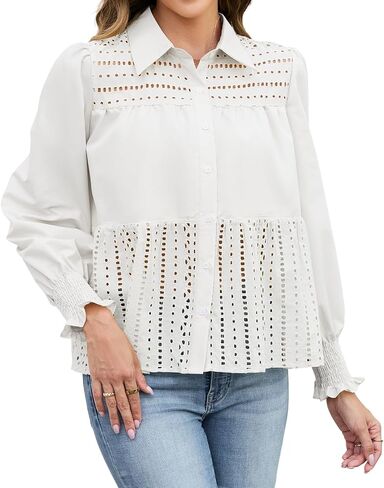 Women's Casual Embroidered Ruffle Long Sleeve Shirts Loose Button Up Shirt Fall Eyelet Blouses Tops Fashion Clothes 2025 in Saudi Arabia