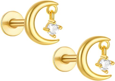 Moon and Stars CZ Dangle Flat Back Earrings Set for Women by Ginger Lyne | 1 Pair 16 Gauge 1.2mm 8mm Post Gold Tone Sterling Silver Body Piercing | Cartilage Helix Upper Lobe Tragus Studs or Nose in Kuwait