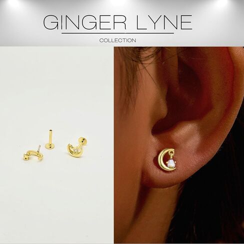 Moon and Stars CZ Dangle Flat Back Earrings Set for Women by Ginger Lyne | 1 Pair 16 Gauge 1.2mm 8mm Post Gold Tone Sterling Silver Body Piercing | Cartilage Helix Upper Lobe Tragus Studs or Nose in Kuwait