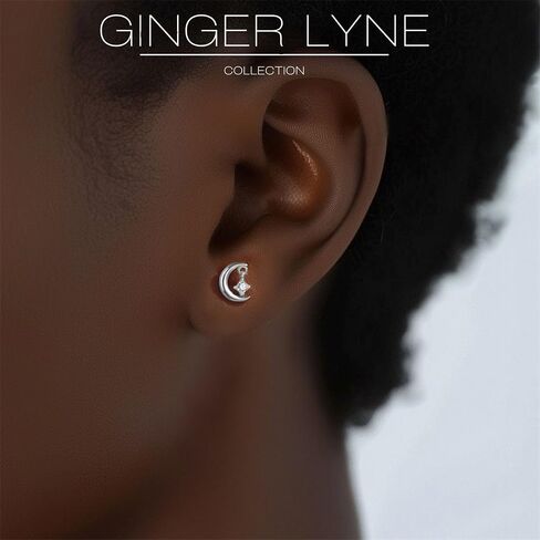 Moon and Stars CZ Dangle Flat Back Earrings Set for Women by Ginger Lyne | 1 Pair 16 Gauge 1.2mm 8mm Post Gold Tone Sterling Silver Body Piercing | Cartilage Helix Upper Lobe Tragus Studs or Nose in Kuwait