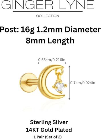 Moon and Stars CZ Dangle Flat Back Earrings Set for Women by Ginger Lyne | 1 Pair 16 Gauge 1.2mm 8mm Post Gold Tone Sterling Silver Body Piercing | Cartilage Helix Upper Lobe Tragus Studs or Nose in Kuwait