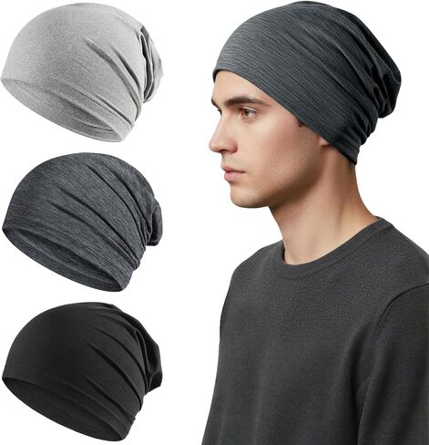 Qearl 3 Pcs Slouchy Beanie Hat for Men Women, Lightweight Breathable Cooling Skull Caps Soft Sleep Hat for Cycling Running Multicolor in Saudi Arabia