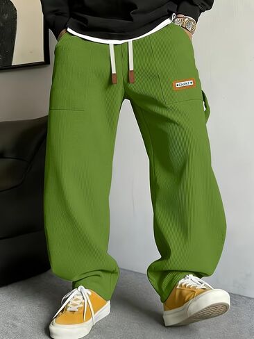 Mens Cargo Corduroy Casual Pants Fashion Loose Fit Elastic Waist Drawstring Wide Leg Sweatpants in Kuwait
