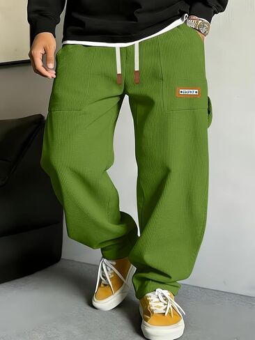 Mens Cargo Corduroy Casual Pants Fashion Loose Fit Elastic Waist Drawstring Wide Leg Sweatpants in Kuwait