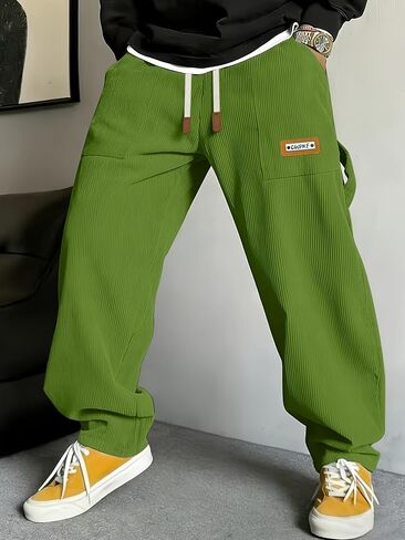 Mens Cargo Corduroy Casual Pants Fashion Loose Fit Elastic Waist Drawstring Wide Leg Sweatpants in Kuwait
