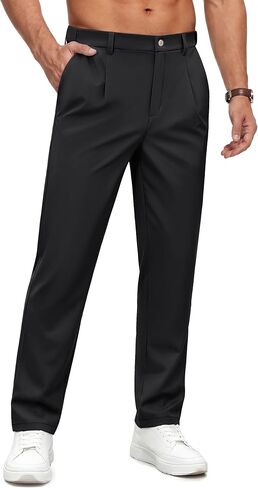 Cotrasen Mens Casual Dress Pants Straight Legs Stretch Lightweight Front Pleats Work Golf Pants with Zipper Pocket in Saudi Arabia
