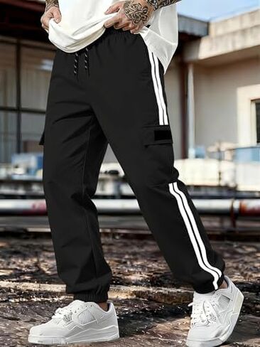 Men's Cargo Pants Wide Leg Track Pants Striped Joggers with Pockets Baggy Straight Athletic Streetwear in Kuwait