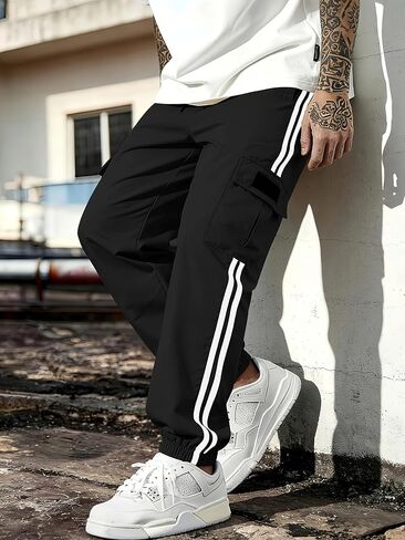Men's Cargo Pants Wide Leg Track Pants Striped Joggers with Pockets Baggy Straight Athletic Streetwear in Kuwait