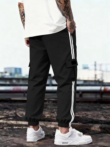 Men's Cargo Pants Wide Leg Track Pants Striped Joggers with Pockets Baggy Straight Athletic Streetwear in Kuwait