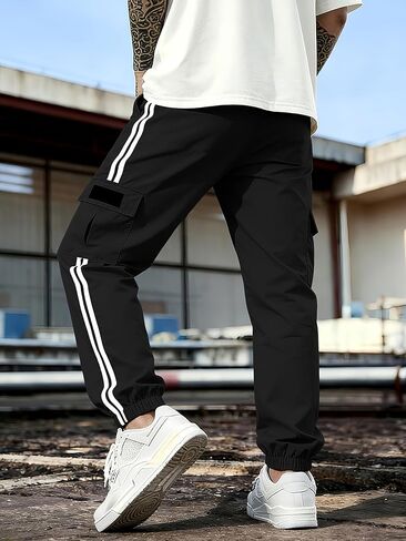 Men's Cargo Pants Wide Leg Track Pants Striped Joggers with Pockets Baggy Straight Athletic Streetwear in Kuwait
