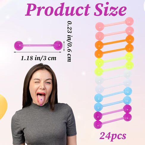 Acrylic Tongue Barbells Rings 24 PCS 15G Glow in Dark Flexible Straight Tongue Rings Colorful Plastic Ring Body Piercing Jewelry Bars for Women Men Work Sports 18mm in Saudi Arabia