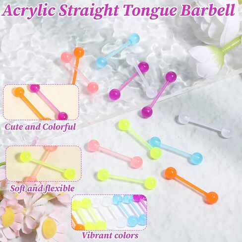Acrylic Tongue Barbells Rings 24 PCS 15G Glow in Dark Flexible Straight Tongue Rings Colorful Plastic Ring Body Piercing Jewelry Bars for Women Men Work Sports 18mm in Saudi Arabia