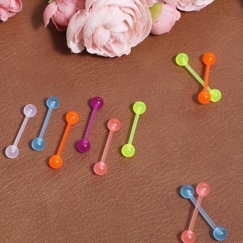 Acrylic Tongue Barbells Rings 24 PCS 15G Glow in Dark Flexible Straight Tongue Rings Colorful Plastic Ring Body Piercing Jewelry Bars for Women Men Work Sports 18mm in Saudi Arabia