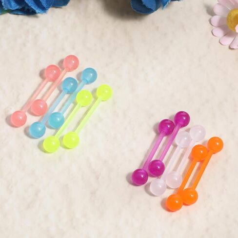 Acrylic Tongue Barbells Rings 24 PCS 15G Glow in Dark Flexible Straight Tongue Rings Colorful Plastic Ring Body Piercing Jewelry Bars for Women Men Work Sports 18mm in Saudi Arabia