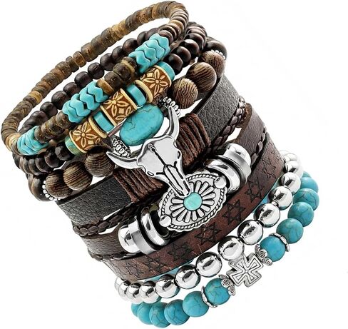 8-Pack Western Turquoise Beaded Bracelet Set for Women, Chic Stackable Boho Cowgirl Bracelets Jewelry with Ox-Head Charm for Country Concerts, Rodeo and Casual Western Outfits in Saudi Arabia