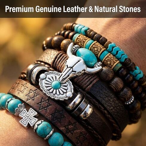 8-Pack Western Turquoise Beaded Bracelet Set for Women, Chic Stackable Boho Cowgirl Bracelets Jewelry with Ox-Head Charm for Country Concerts, Rodeo and Casual Western Outfits in Saudi Arabia