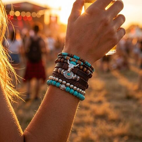 8-Pack Western Turquoise Beaded Bracelet Set for Women, Chic Stackable Boho Cowgirl Bracelets Jewelry with Ox-Head Charm for Country Concerts, Rodeo and Casual Western Outfits in Saudi Arabia