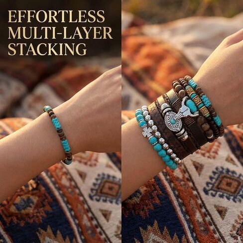 8-Pack Western Turquoise Beaded Bracelet Set for Women, Chic Stackable Boho Cowgirl Bracelets Jewelry with Ox-Head Charm for Country Concerts, Rodeo and Casual Western Outfits in Saudi Arabia