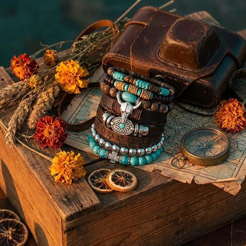 8-Pack Western Turquoise Beaded Bracelet Set for Women, Chic Stackable Boho Cowgirl Bracelets Jewelry with Ox-Head Charm for Country Concerts, Rodeo and Casual Western Outfits in Saudi Arabia