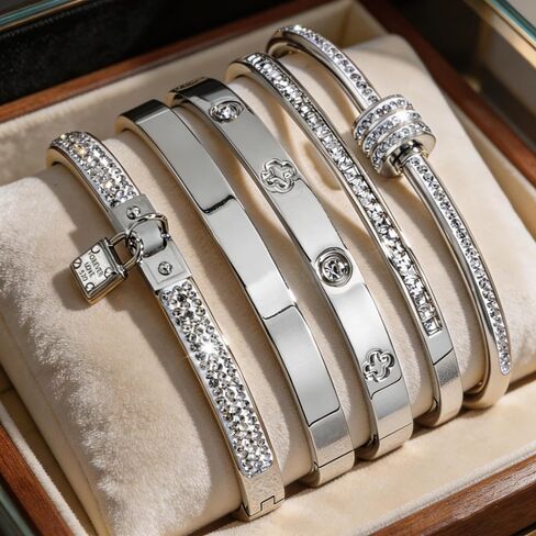 أساور فضية للنساء - مجموعة أساور قابلة للتكديس من الفولاذ المقاوم للصدأ مكونة من 5 قطع مع قفل وحجر الراين البرسيم in Kuwait