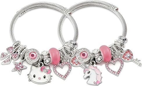 2 Pack Cute Charm Bracelet, Pink Cat Unicorn Bow Bracelets, Adjustable Stainless Steel Kawaii Cartoon Jewelry Gifts Set, Birthday Gifts for Sister Bestie Friend, Graduation Gift for Her in Saudi Arabia