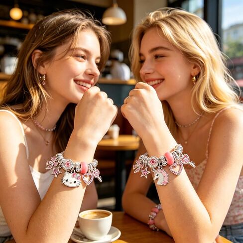2 Pack Cute Charm Bracelet, Pink Cat Unicorn Bow Bracelets, Adjustable Stainless Steel Kawaii Cartoon Jewelry Gifts Set, Birthday Gifts for Sister Bestie Friend, Graduation Gift for Her in Saudi Arabia