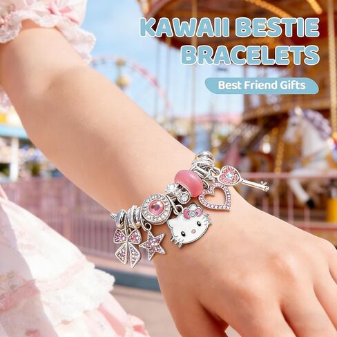 2 Pack Cute Charm Bracelet, Pink Cat Unicorn Bow Bracelets, Adjustable Stainless Steel Kawaii Cartoon Jewelry Gifts Set, Birthday Gifts for Sister Bestie Friend, Graduation Gift for Her in Saudi Arabia