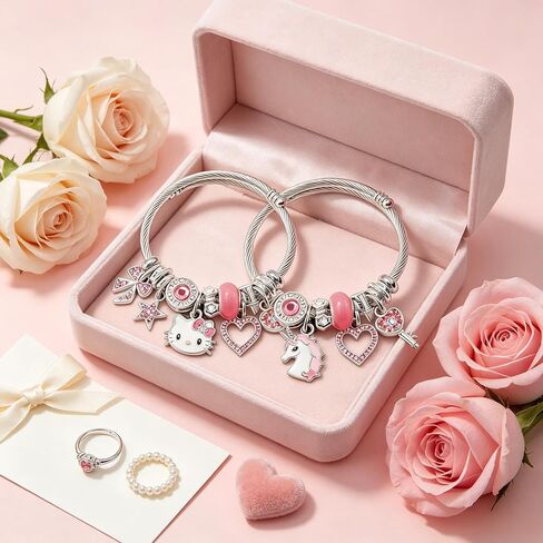 2 Pack Cute Charm Bracelet, Pink Cat Unicorn Bow Bracelets, Adjustable Stainless Steel Kawaii Cartoon Jewelry Gifts Set, Birthday Gifts for Sister Bestie Friend, Graduation Gift for Her in Saudi Arabia