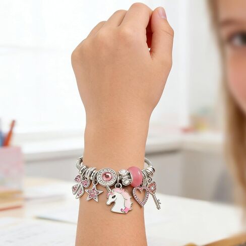 2 Pack Cute Charm Bracelet, Pink Cat Unicorn Bow Bracelets, Adjustable Stainless Steel Kawaii Cartoon Jewelry Gifts Set, Birthday Gifts for Sister Bestie Friend, Graduation Gift for Her in Saudi Arabia