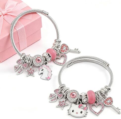 2 Pack Cute Charm Bracelet, Pink Cat Unicorn Bow Bracelets, Adjustable Stainless Steel Kawaii Cartoon Jewelry Gifts Set, Birthday Gifts for Sister Bestie Friend, Graduation Gift for Her in Saudi Arabia