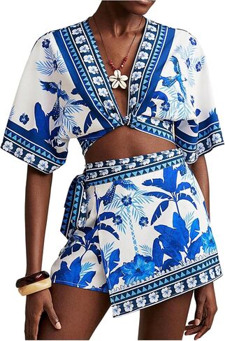 RoseSeek Women's 2 Piece Summer Skirt Sets Tropical Half Sleeve Top and Wrap Skirts Set Beach Vacation Outfits in Saudi Arabia