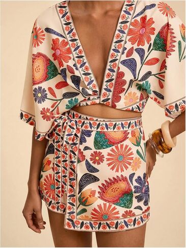 RoseSeek Women's 2 Piece Summer Skirt Sets Tropical Half Sleeve Top and Wrap Skirts Set Beach Vacation Outfits in Saudi Arabia