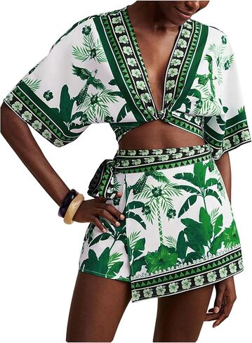 RoseSeek Women's 2 Piece Summer Skirt Sets Tropical Half Sleeve Top and Wrap Skirts Set Beach Vacation Outfits in Saudi Arabia
