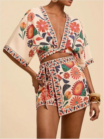 RoseSeek Women's 2 Piece Summer Skirt Sets Tropical Half Sleeve Top and Wrap Skirts Set Beach Vacation Outfits in Saudi Arabia