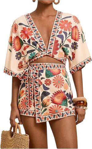RoseSeek Women's 2 Piece Summer Skirt Sets Tropical Half Sleeve Top and Wrap Skirts Set Beach Vacation Outfits in Saudi Arabia
