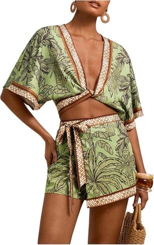 RoseSeek Women's 2 Piece Summer Skirt Sets Tropical Half Sleeve Top and Wrap Skirts Set Beach Vacation Outfits in Saudi Arabia