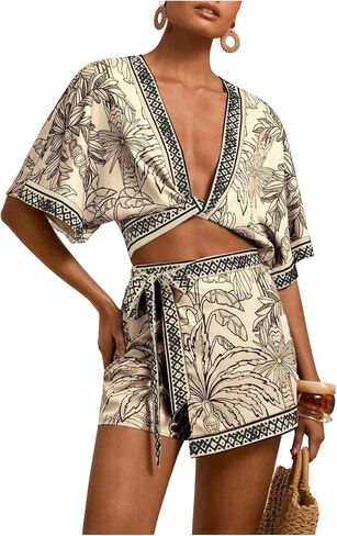 RoseSeek Women's 2 Piece Summer Skirt Sets Tropical Half Sleeve Top and Wrap Skirts Set Beach Vacation Outfits in Saudi Arabia