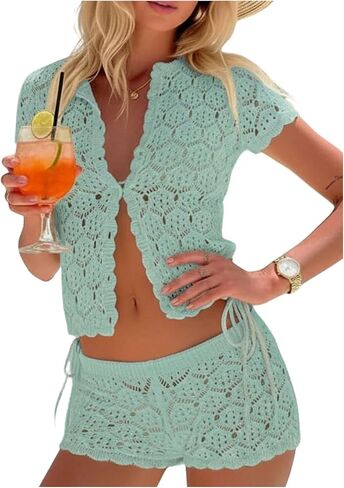 GORGLITTER Women's Crochet Short Sets Short Sleeve Button Down Cardigan Top and Shorts Vacation Outfits in Saudi Arabia